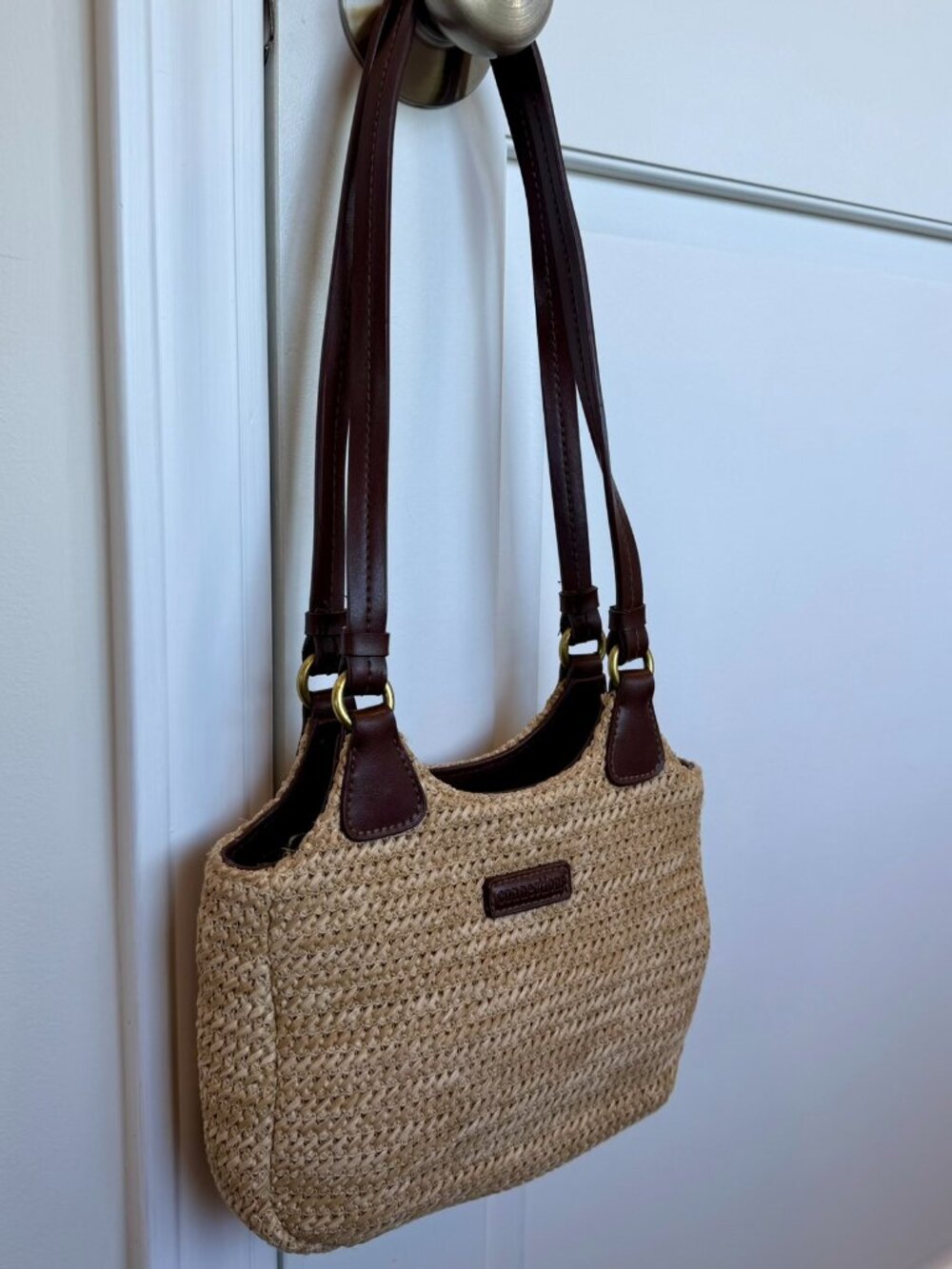 Connections Woven Straw Mini Handbag – Brown Handles – Possibly Vintage